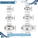 180Pcs 6 Styles 304 Stainless Steel Beads, Flat Round, Stainless Steel Color, 4~10x1~2mm, Hole: 1.2~3mm, 30pcs/style