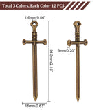 36Pcs 3 Colors Zinc Alloy Pendants, Sword Charm, Mixed Color, 54.5x16x5mm, Hole: 1.6mm, 12pcs/color