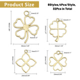 32Pcs 8 Styles Alloy Open Back Bezel Pendants, Clover Charms for Resin, Epoxy Resin Jewelry Making, Platinum & Golden, 26~48x24~38mm, Hole: 3~5mm, 4pcs/style
