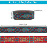 14M 4 Colors Ethnic Style Embroidery Polyester Ribbon, Garment Accessories, Floral Pattern, with 4Pcs Metallic Wire Twist Ties, Mixed Color, 33mm, 3.5m/color