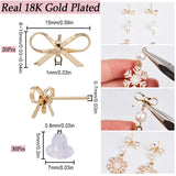 20Pcs Brass Stud Earring Findings, with Horizontal Loops, Bowknot, with 30Pcs Plastic Ear Nuts, Real 18K Gold Plated, 8~10x15mm, Hole: 1mm, Pin: 0.7mm