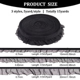 15 Yards 3 Styles Nylon Pleated Lace Ribbon, Ruffled Trimming for Sewing Decoration Craft, Black, 5/8 inch~1-1/8 inch(15mm~30mm), 5 yards/style