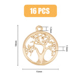 Brass Pendant, Flat Round with Tree of Life, Real 18K Gold Plated, 18x15x1.5mm, Hole: 1.2mm, 16pcs/box