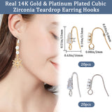 40Pcs 2 Colors Brass Earring Hooks, Ear Wire, with Clear Cubic Zirconia and Horizontal Loop, Long-Lasting Plated, Real Gold Plated & Real Platinum Plated, 16x13x3.5mm, Hole: 2mm, Pin: 0.8mm, 20pcs/color