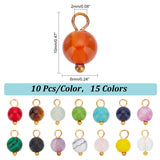 150Pcs 15 Styles Natural & Synthetic Mixed Gemstone Round Charms with Golden Plated Brass Loops, Mixed Dyed and Undyed, 10x6mm, Hole: 2mm, 10pcs/style