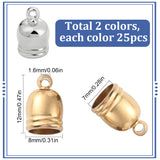 50Pcs 2 Colors Brass Cord Ends, End Caps, Cone, Mixed Color, 12x8mm, Hole: 1.6mm, Inner Diameter: 7mm, 25Pcs/color