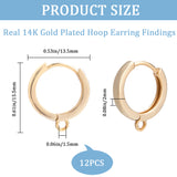 6 Pairs Rack Plating Brass Hoop Earring Findings, with Horizontal Loops, Long-Lasting Plated, Real 14K Gold Plated, 15.5x13.5x2mm, Hole: 1.5mm, Pin: 0.8mm