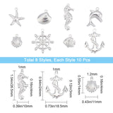 80Pcs 8 Style 316 Surgical Stainless Steel Pendants, Mixed Shapes, Stainless Steel Color, 26.5x10x4mm, Hole: 1mm, 10pcs/style