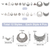 48Pcs 12 Style Tibetan Style Alloy Chandelier Components Links, Flat Round & Triangle & Teardrop & Moon & Fan, Antique Silver, 4pcs/box