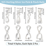 8Pcs 4 Style 925 Sterling Silver Pendant Bails, Ice Pick Pinch Bails, with 925 Stamp, Silver, 12~13mm, Hole: 3~4mm, Pin: 0.5~0.8mm, 2Pcs/style