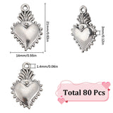 80Pcs Tibetan Style Alloy Pendants, Sacred Heart, Antique Silver, 21x14x3mm, Hole: 1.4mm