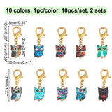 Owl Pendant Stitch Markers, Printed Alloy Crochet Lobster Clasp Charms, Locking Stitch Marker with Wine Glass Charm Ring, Mixed Color, 3.1cm, 10 colors, 1pc/color, 10pcs/set, 2 sets/box