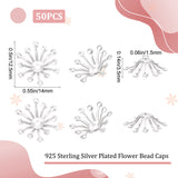 50Pcs Brass Bead Caps, Multi-Petal Flower, 925 Sterling Silver Plated, 14x12.5x3.5mm, Hole: 1.5mm