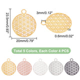 20Pcs 5 Colors Brass Pendants, Filigree Pendants, Flat Round, Mixed Color, 23.5x20x0.6mm, Hole: 3mm, 4pcs/color