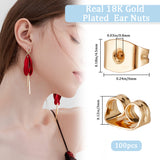 100Pcs Brass Ear Nuts, Friction Earring Backs for Stud Earrings, Real 18K Gold Plated, 6x4.5x3mm, Hole: 0.8mm