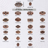 1200Pcs 24 Styles Tibetan Style Alloy Spacer Beads Sets, Rondelle & Bicone & Flat Round, Mixed Shapes, Red Copper, 4~9x2~6.3mm, Hole: 1~2.5mm, 50pcs/style