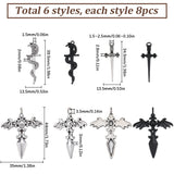 48Pcs 8 Style Tibetan Style & Gothic Style Alloy Pendants, Sword, Mixed Color, 34.5~44x13.5~35x1.5~3mm, Hole: 1.5~4mm, 8pcs/style