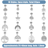 32Pcs Tibetan Style Alloy Pendants, Rectangle & Flat Round & Oval with Tree of Life, Antique Silver, 25~46mm, Hole: 1.6mm, 16 style, 2pcs/style, 32pcs/set