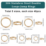 200pcs 5 Styles 304 Stainless Steel Split Rings, Double Loops Jump Rings, Golden, 5~12x1~2mm, Inner Diameter: 3.8~10mm, Single Wire: 0.5~1mm, 40pcs/style