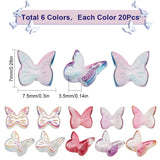 120Pcs 6 Style Transparent Glass Cabochons, 3D Butterfly Shape, Mixed Color, 7x7.5x3.5mm, 20pcs/style