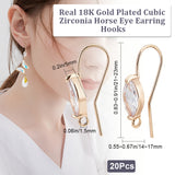 20Pcs Brass Earring Hooks, Ear Wire, with Cubic Zirconia and Horizontal Loop, Horse Eye, Nickel Free, Real 18K Gold Plated, 21~23x14~17x5mm, Hole: 1.5mm