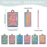 18Pcs 3 Style Rack Plating Alloy Pendants, Rainbow Color, Tarot Charms, Mixed Color, 23.5x14.5x1.5mm, Hole: 1.8mm, 6pcs/style