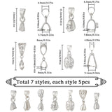 35Pcs 7 Styles Rack Plating Brass Ice Pick Pinch Bails, Long-Lasting Plated, Platinum, 9~18.5x3~8x3~5mm, Hole: 3.5~8x3~9mm, Pin: 1mm, 5Pcs/style