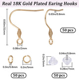 50Pcs 304 Stainless Steel Earring Hooks, Ear Wire, French Hooks with Coil, with 50Pcs Open Jump Rings & 50Pcs Plastic Ear Nuts, Real 18K Gold Plated, 21mm, Hole: 2mm, Pin: 0.8mm