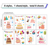 8 Sheets 8 Styles Birthday Cake PVC Waterproof Wall Stickers, Self-Adhesive Decals, for Window or Stairway Home Decoration, Rectangle, Food, 200x145mm, about 1 sheets/style