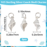 5Pcs 925 Sterling Silver Pendants, with Jump Ring, Conch Shell Charms, Silver, 16x7x5mm, Hole: 4mm