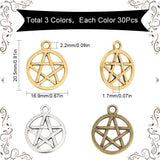 90Pcs 3 Colors Tibetan Style Alloy Pendants, Wicca Pendants, Flat Round with Star, Mixed Color, 20.5x16.5~16.9x1.7mm, Hole: 2mm, 30pcs/color