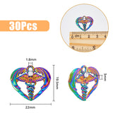 30Pcs Alloy Pendants, with Rhinestone, Heart with Caduceus Charm, Medical Sign Charm, Rainbow Color, 19.5x22x3mm, Hole: 1.8mm