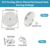 20Pcs Brass Stud Earring Settings, Flat Round, with 20Pcs Friction Ear Nuts, 925 Sterling Silver Plated, 14mm, Tray: 12mm