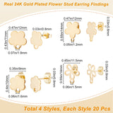 80Pcs 4 Style 201 Stainless Steel Stud Earring Findings, with Horizontal Loops & 304 Stainless Steel Pins & Ear Nuts, Flower, Real 24K Gold Plated, 10~14x9~12mm, Hole: 1.2~1.8mm, Pin: 0.8mm, 20Pcs/style