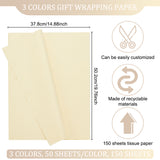 3Bags 3 Colors Rectangle Tissue Paper, Gift Wrapping Paper, Mixed Color, 502x378x0.1mm, 50 sheets/bag, 1 bag/color