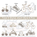 48Pcs 8 Style Tibetan Style Alloy Pendants, Bicycle & Motorcycle & Car & Tour Bus & Train, Antique Silver, 9.5~24x8.5~22x1.5~15mm, hole: 1.5~2mm, 6pcs/style