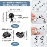 20Pcs 304 Stainless Steel Ball Post Stud Earring Findings, with Horizontal Loops and 316 Surgical Stainless Steel Pins, with 20Pcs Friction Ear Nuts, Electrophoresis Black, 17x9x6mm, Hole: 1.6mm, Pin: 0.8mm