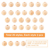 52 Pcs 26 Styles Unfinished Natural Wood European Beads, Large Hole Beads, Laser Engraved Pattern, Round with Word, Letter A~Z, 26 styles, 2pcs/style, 52pcs
