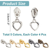 20Pcs 5 Colors #5 Zinc Alloy Zipper Slider, Garment Accessories, Heart, Mixed Color, 3.8cm, 4pcs/color