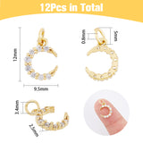 Rack Plating Brass Micro Pave Cubic Zirconia Pendants, Long-Lasting Plated, with Jump Ring, Moon, Real 18K Gold Plated, 12x9.5x2.5mm, Jump Ring: 5x0.8mm, Inner Diameter: 3.4mm, 12pcs/box