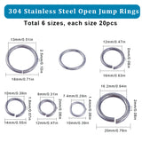 120Pcs 6 Styles 304 Stainless Steel Open Jump Rings, Round Ring, Stainless Steel Color, 10~20x1.4~2.5mm, Inner Diameter: 8~16.2mm, 20pcs/style