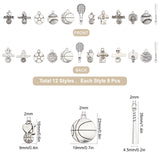 96Pcs 12 Style Tibetan Style Alloy Pendants, Ball Games Theme, Antique Silver, 16~29x9~20.7x1~5mm, Hole: 1.5~2mm, 8pcs/style