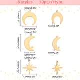 60Pcs 6 Style 304 Stainless Steel Pendants, Laser Cut, Crescent Moon/Double Horn & Moon with Star, Golden & Stainless Steel Color, 15~17x12~15x1mm, Hole: 1.2mm, 10pcs/style