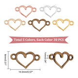 150Pcs 5 Colors Alloy Hollow Connector Charms, Heart, Mixed Color, 8x14.5mm, Hole: 1mm, 30pcs/colors