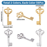 100Pcs 2 Colors Vintage Alloy Pendants, Key, for DIY Handmade Accessories, Mixed Color, 21.5x10x1mm, Hole: 1mm, 50pcs/color