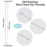 30 Pairs 304 Stainless Steel Chain Stud Earring Findings, with Loops, Ear Threads, Stainless Steel Color, 100x1mm, Hole: 2.5mm, Pin: 0.8mm