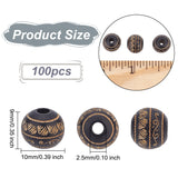 100Pcs Painted Natural Wood Beads, Round with Laser Engraved Leaf Pattern, Black, 10x9mm, Hole: 2.5mm