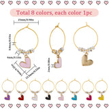 Alloy Enamel Wine Glass Charms, with Glass Beads and Brass Wine Glass Charm Rings, Heart, Mixed Color, 45mm, 8pcs/box