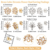 4 Pairs 4 Style Clear Cubic Zirconia Flower Stud Earring Findings, with Horizontal Loops & 8Pcs Ear Nuts, Platinum & Golden, 14.5mm, Hole: 1~1.2mm, Pin: 0.8mm, 1 Pair/style