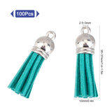 100Pcs Faux Suede Tassel Pendant Decorations, with CCB Plastic Cord Ends, Platinum, Dark Cyan, 35~37x10mm, Hole: 2.5~3mm